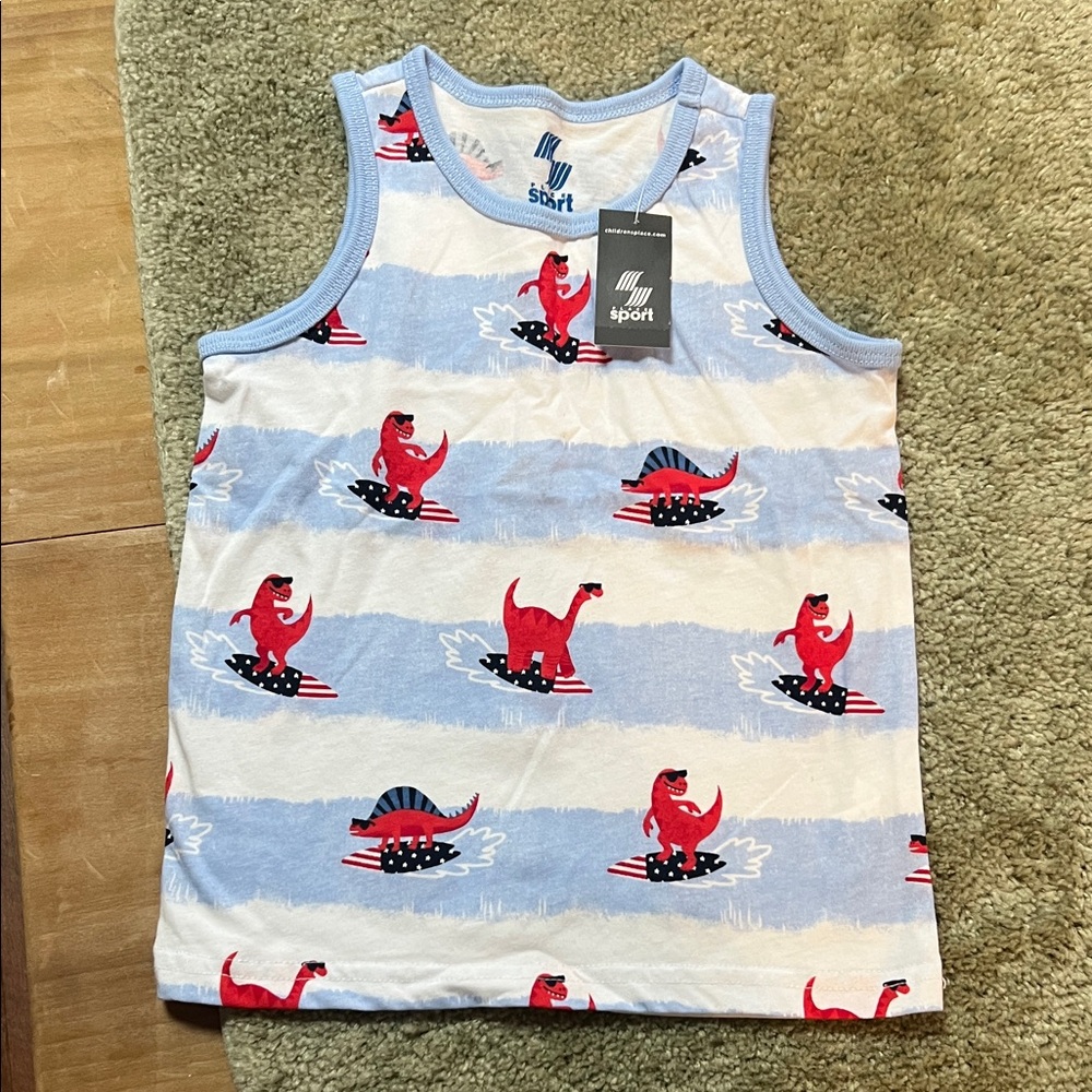 Boys size 3T light blue white striped surfing dinosaur tank top